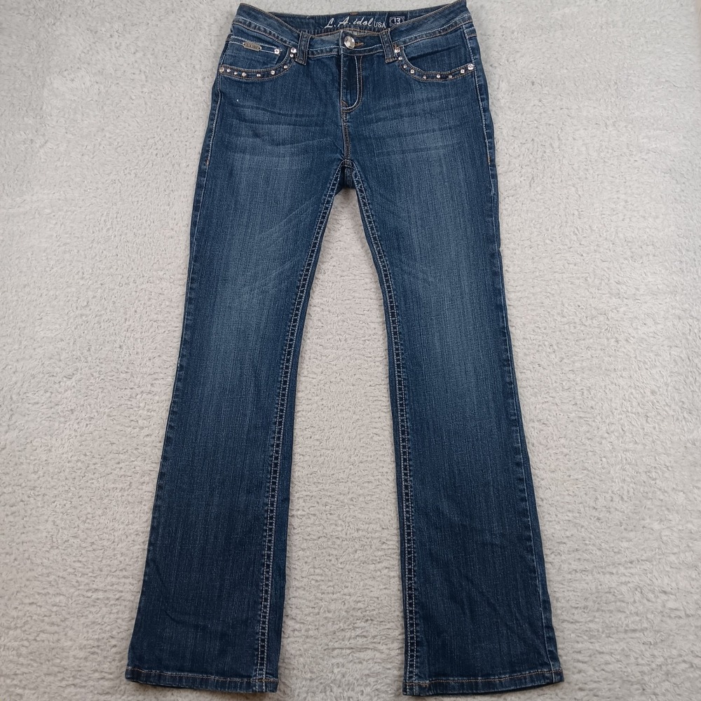 L.A. Idol Jeans Bootcut Women 13 Blue Rose Embroidered Rhinestone RN81005